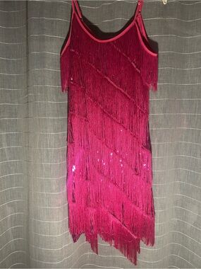 Hot Pink Fringe Sequin Slip Dress
